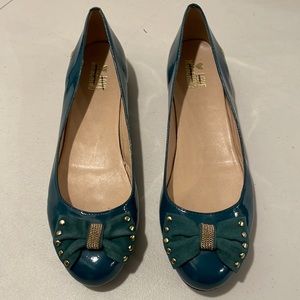Love Moschino Women’s Ballet Flats Shoes Teal Leather Studded Velvet Bow Sz.40